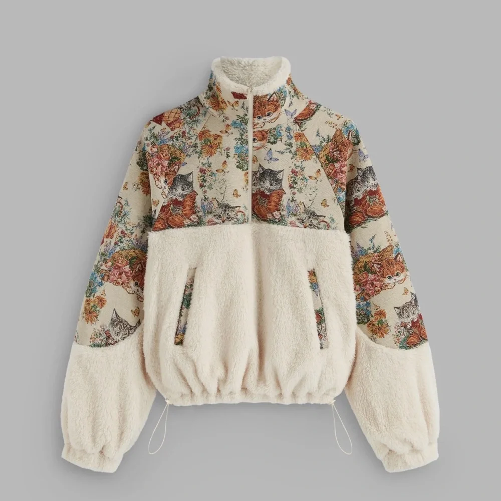 Cider FLEECE COLLAR FLORAL CAT KNOTTED SWEATSHIRT M CM6-9 - Picture 2 of 9